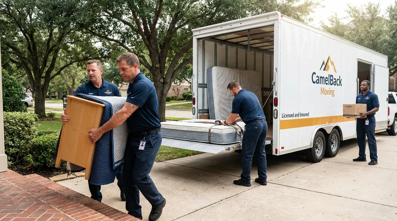 Crew loading residential truck for cross-state move from Eureka, CA