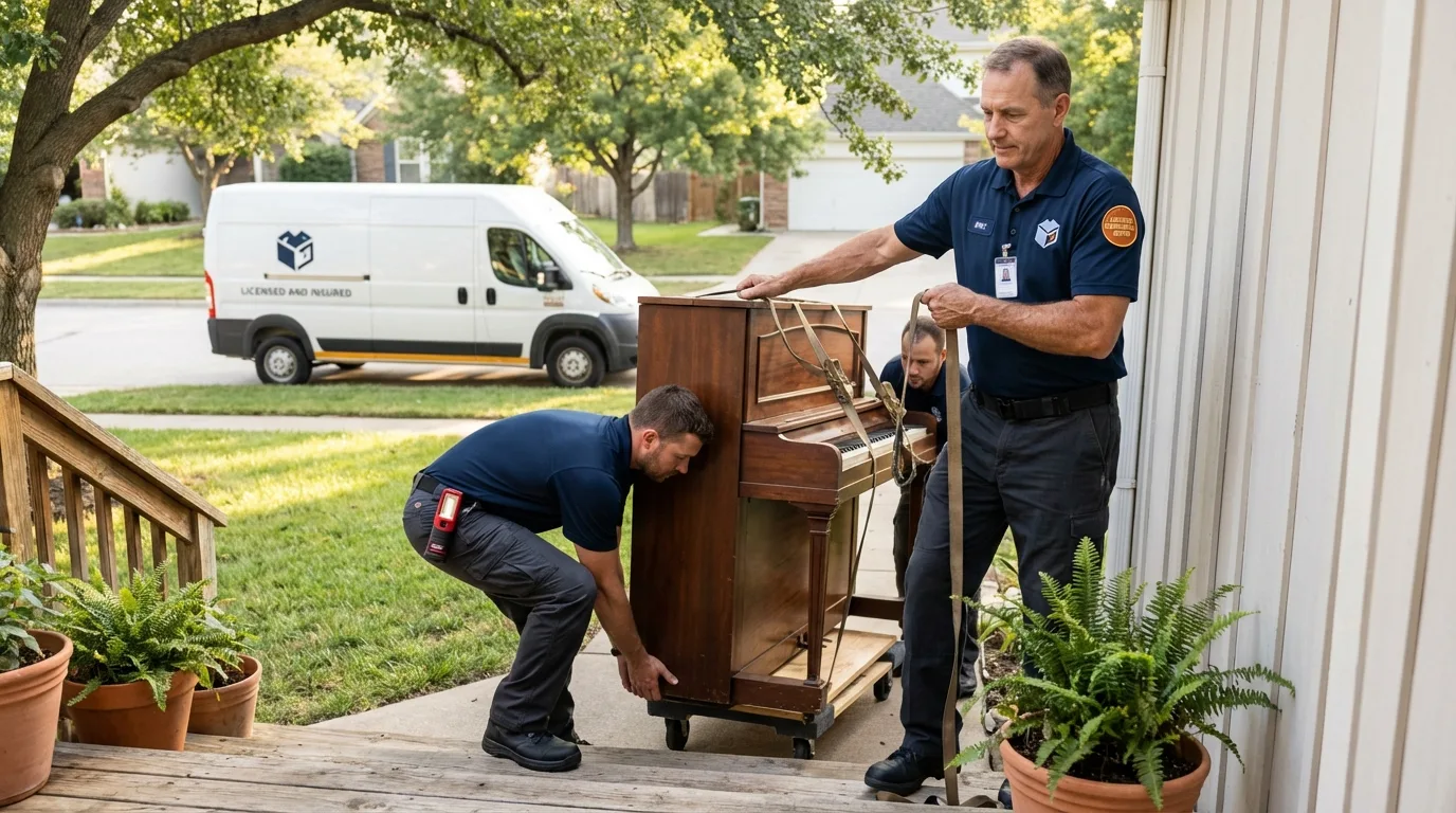 Licensed piano movers securing grand piano in Eureka, CA