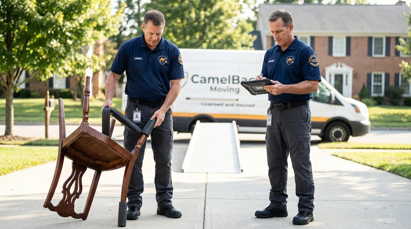 Movers inspecting furniture for damage prevention before loading in Eureka, CA